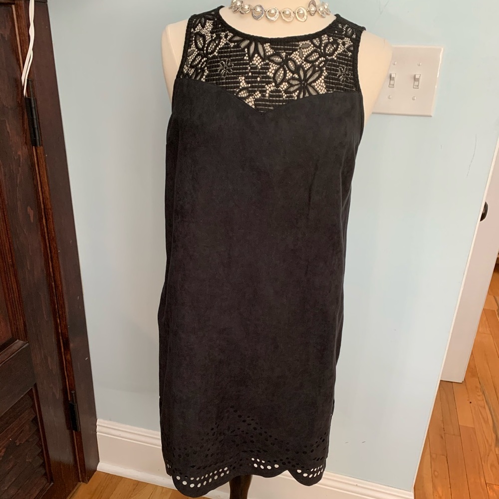 Faux Suede Black Dress, laser cut hem, Sz L